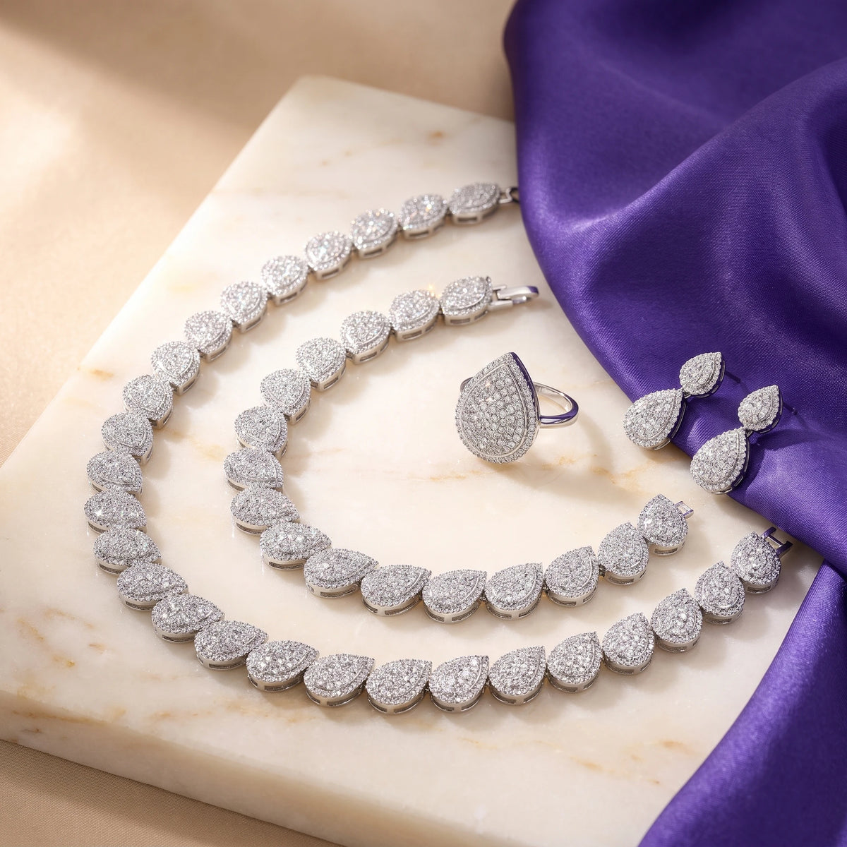 Elegant 4-Piece Bridal Jewelry Set - Necklace, Earring, Bracelet & Ring