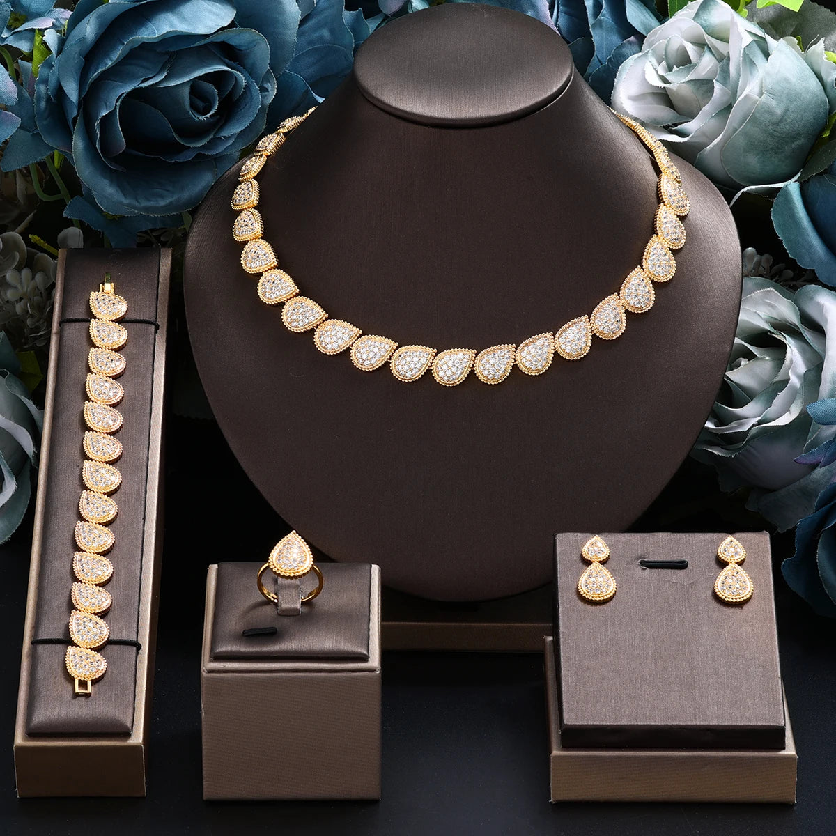 Elegant 4-Piece Bridal Jewelry Set - Necklace, Earring, Bracelet & Ring