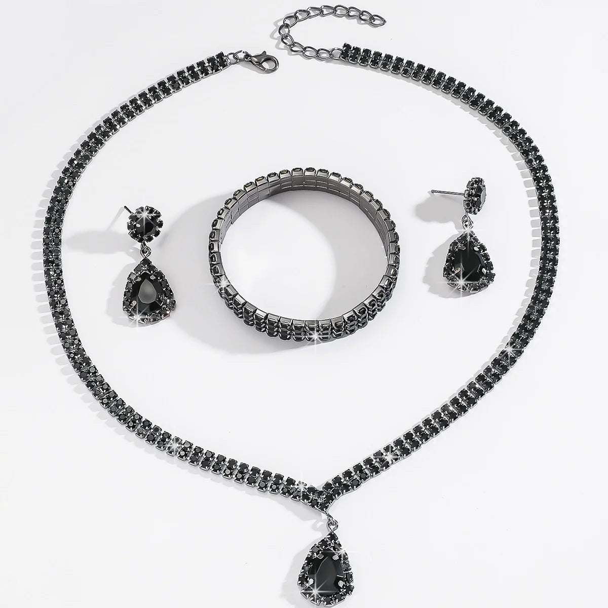 Elegant Black Teardrop Jewelry Set Necklace, Earrings & Bracelet