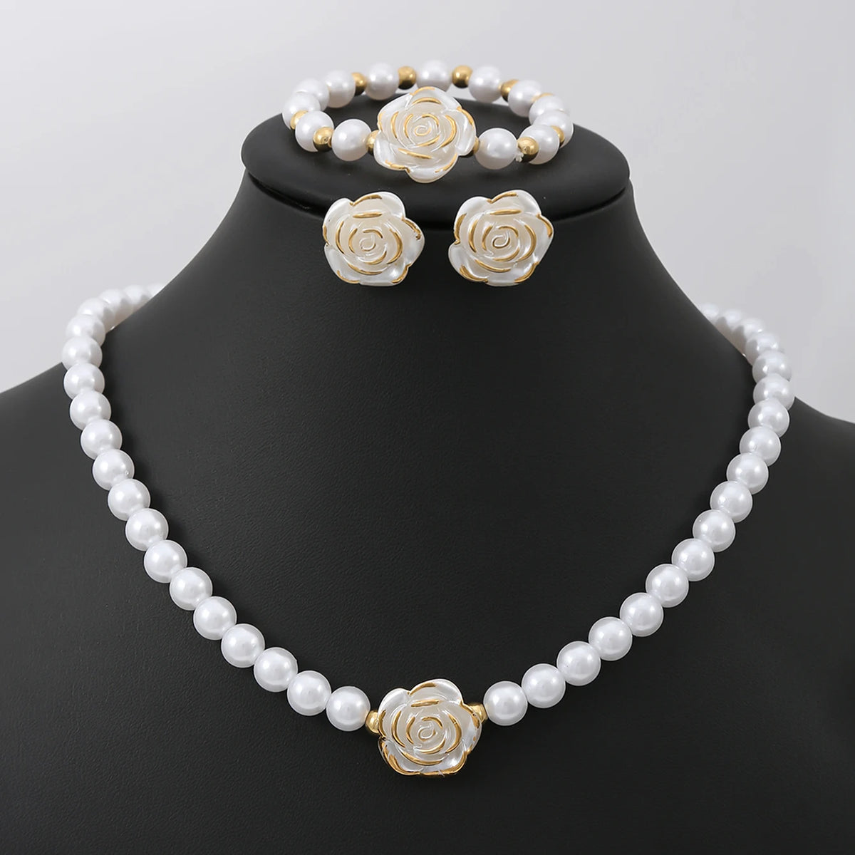 Camellia Faux Pearl Jewelry Set – Necklace, Bracelet & Earrings
