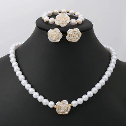 Camellia Faux Pearl Jewelry Set – Necklace, Bracelet & Earrings