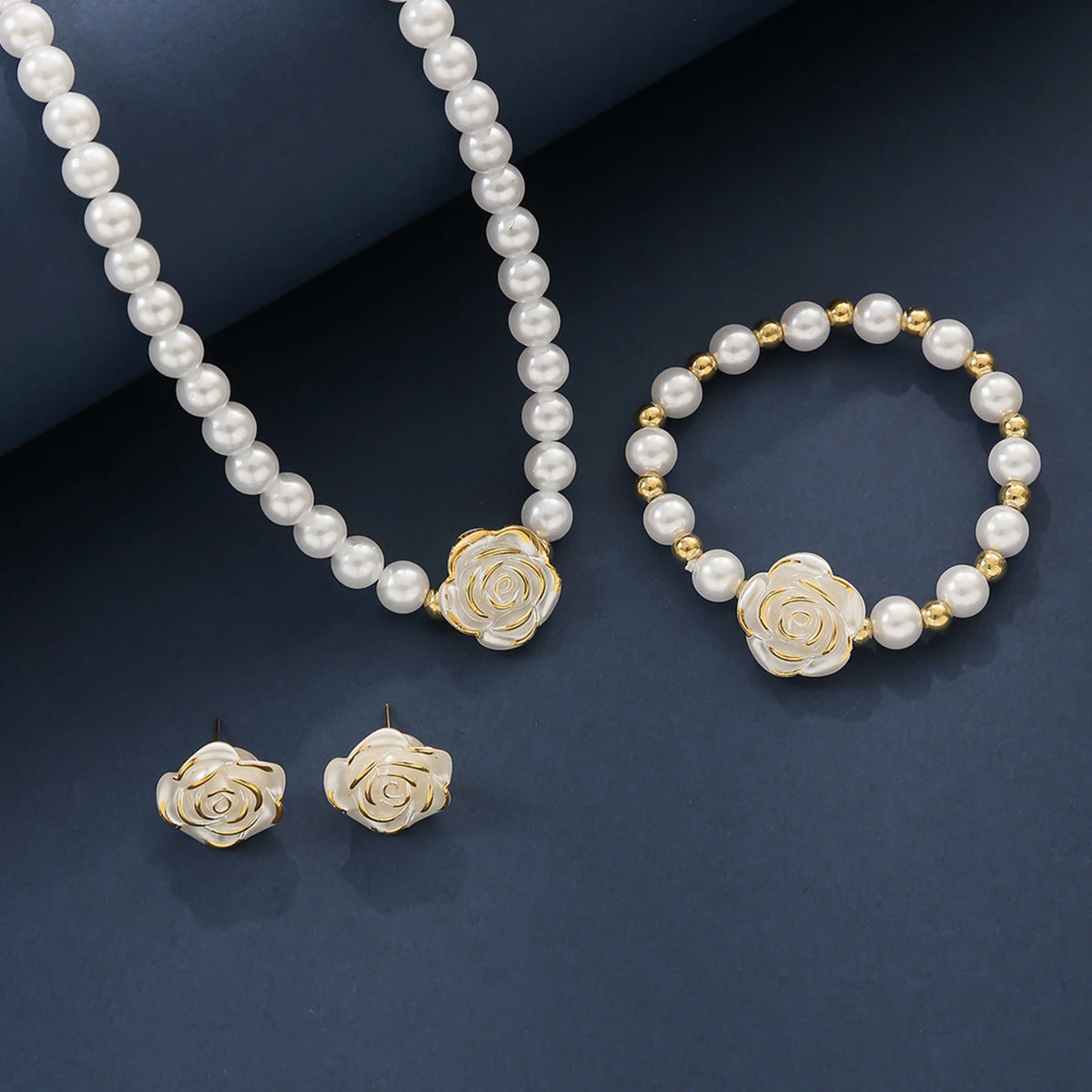 Camellia Faux Pearl Jewelry Set – Necklace, Bracelet & Earrings