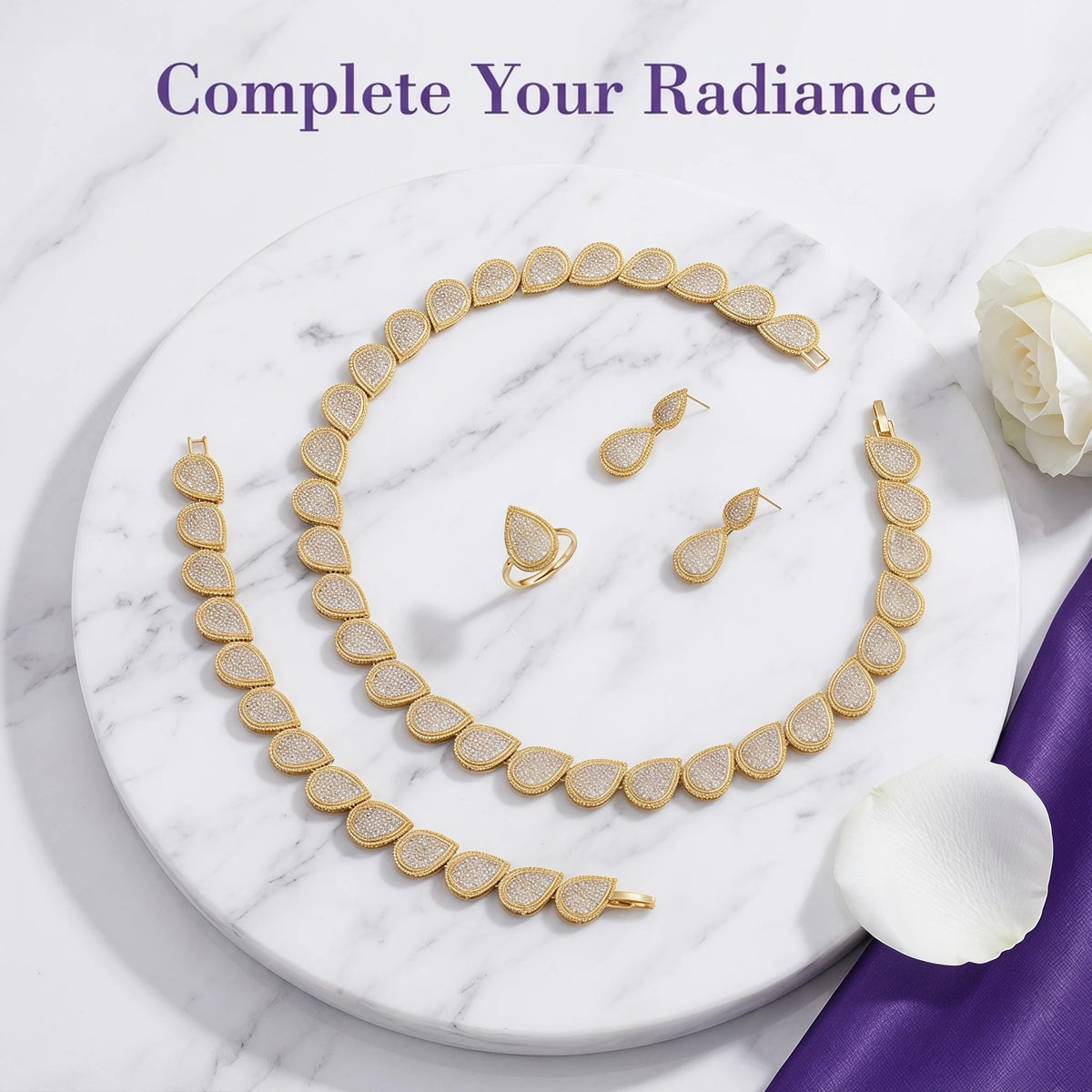Elegant 4-Piece Bridal Jewelry Set - Necklace, Earring, Bracelet & Ring
