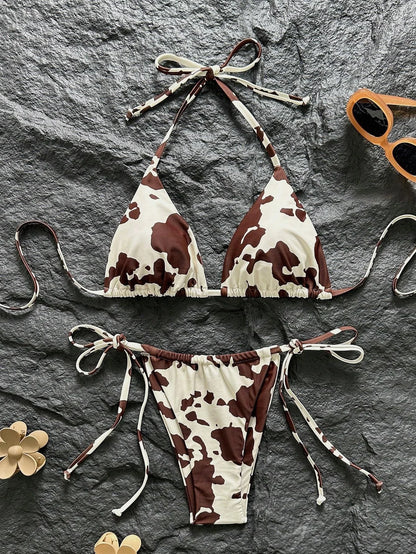 Brown & White Cow Print Halter Bikini Set - Tie-Side Two-Piece
