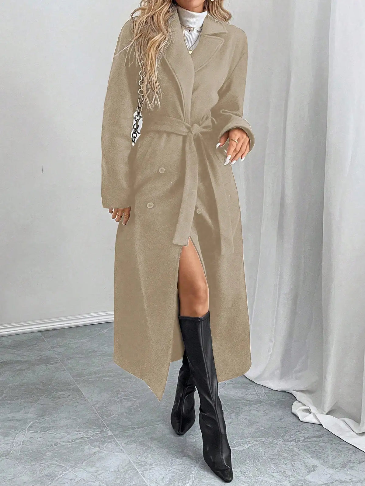 2026 New Womens Long Wool Coat Double Breasted Lapel Collar Winter Warm Overcoat Elegant Office Lady Outerwear Casual Trench