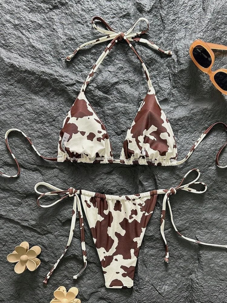 Brown & White Cow Print Halter Bikini Set - Tie-Side Two-Piece