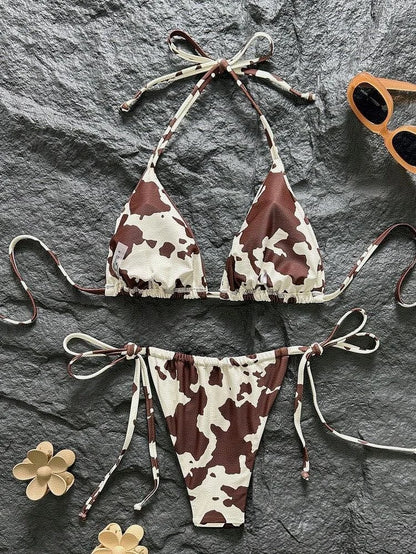 Brown & White Cow Print Halter Bikini Set - Tie-Side Two-Piece