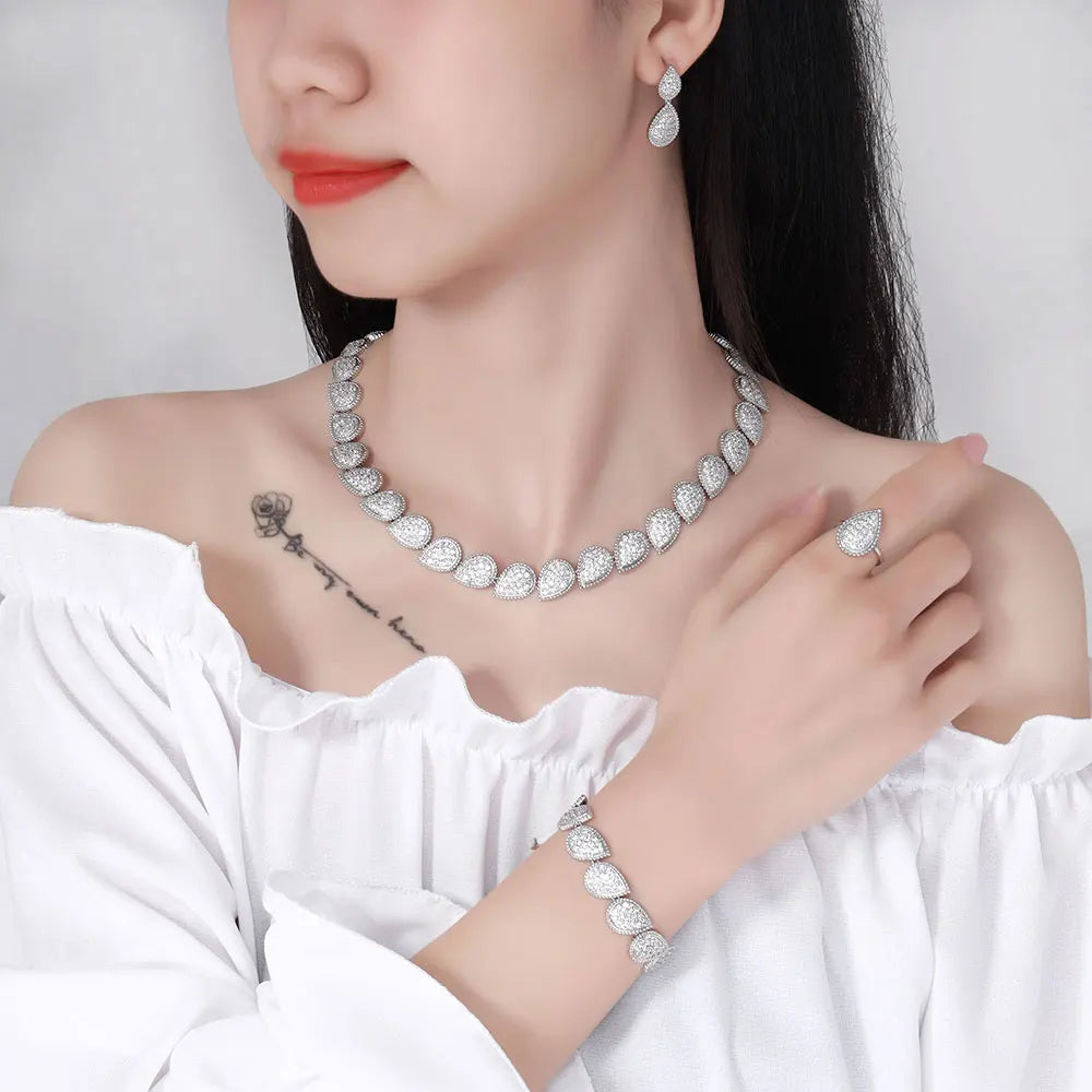 Elegant 4-Piece Bridal Jewelry Set - Necklace, Earring, Bracelet & Ring