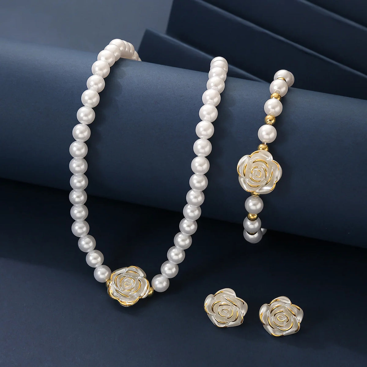 Camellia Faux Pearl Jewelry Set – Necklace, Bracelet & Earrings