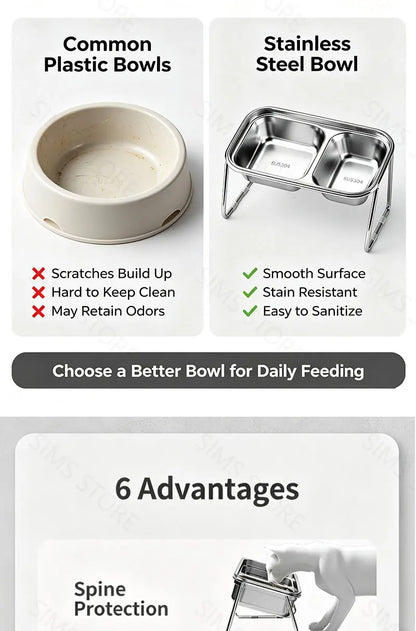 Elevated Stainless Steel Cat Food & Water Bowl with Stand