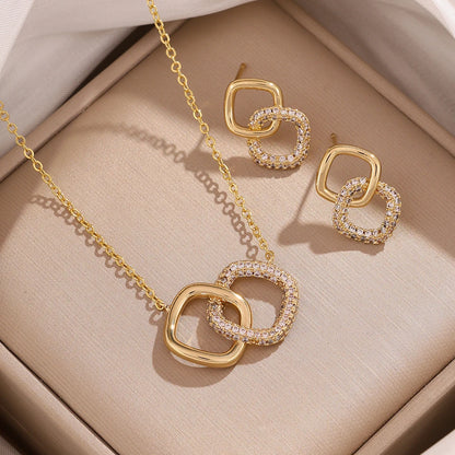 Interlocking Square Jewelry Set – Pendant Necklace & Matching Earrings
