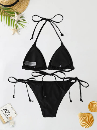 Black Triangle Bikinis Set - Tie-Side Two-Piece Swimsuit