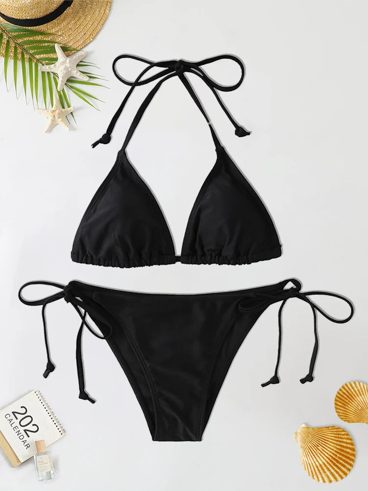 Black Triangle Bikinis Set - Tie-Side Two-Piece Swimsuit