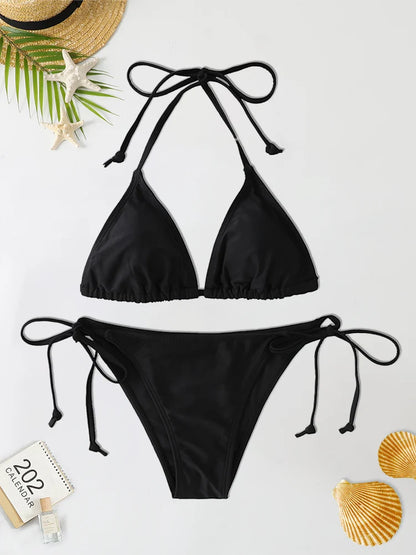 Black Triangle Bikinis Set - Tie-Side Two-Piece Swimsuit