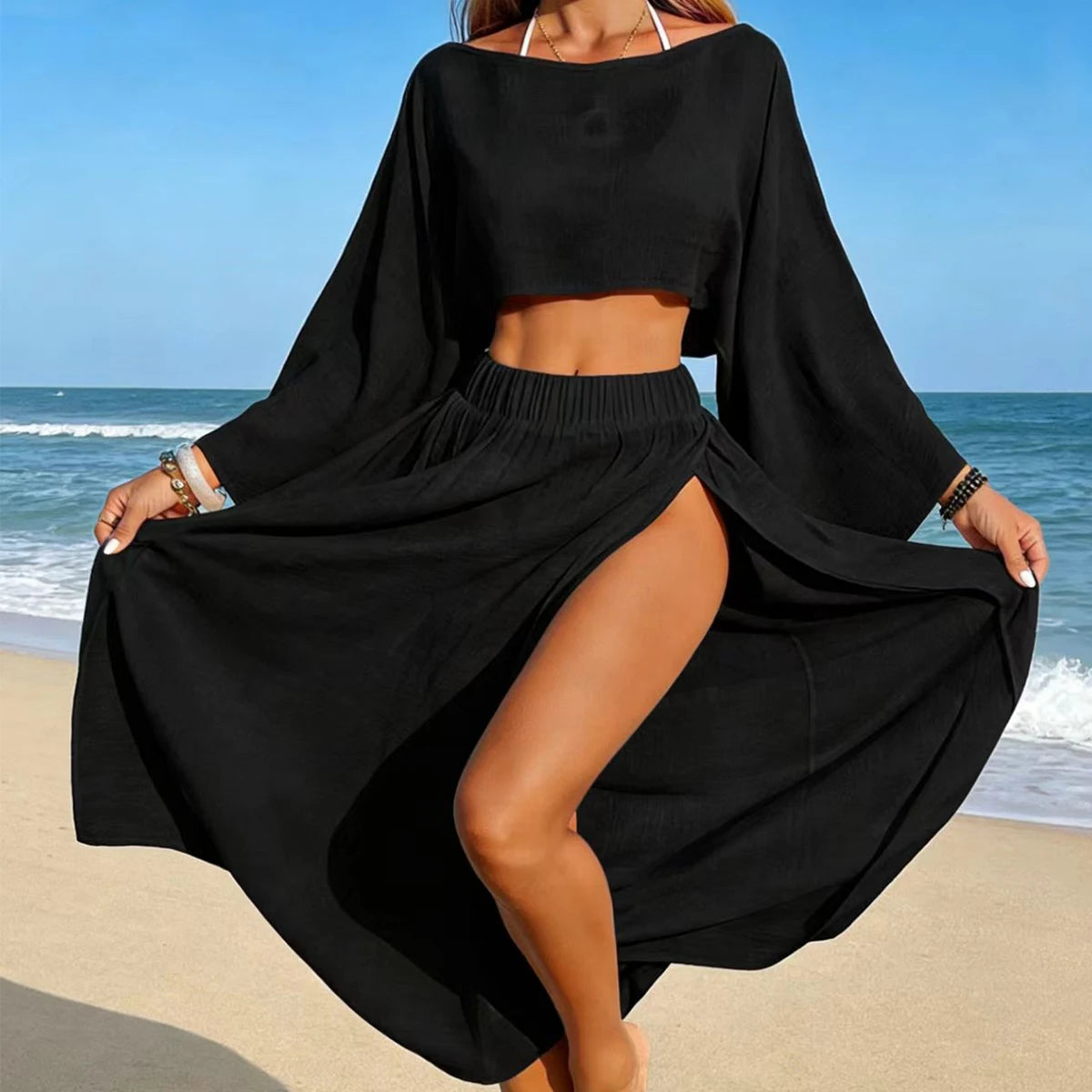 Women's Two-Piece Beach Cover-Up set - Crop Top & Slit Maxi Skirt