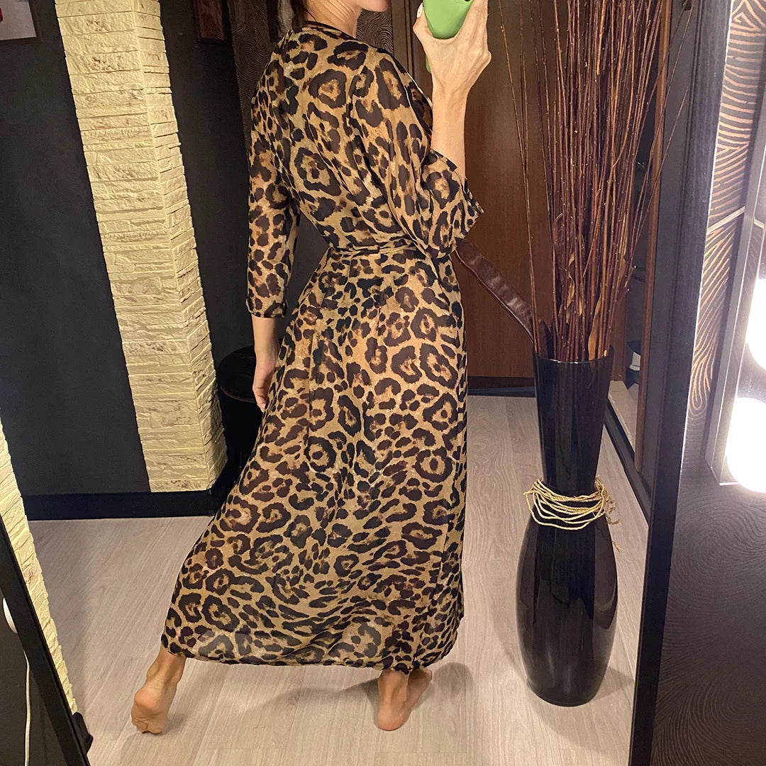 Women's Leopard Print Beach Cover-ups Maxi Dress