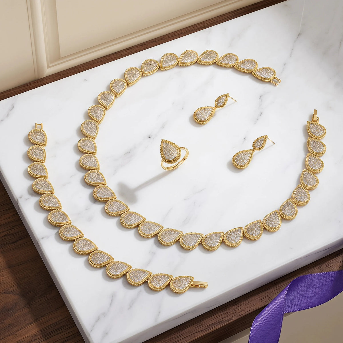 Elegant 4-Piece Bridal Jewelry Set - Necklace, Earring, Bracelet & Ring