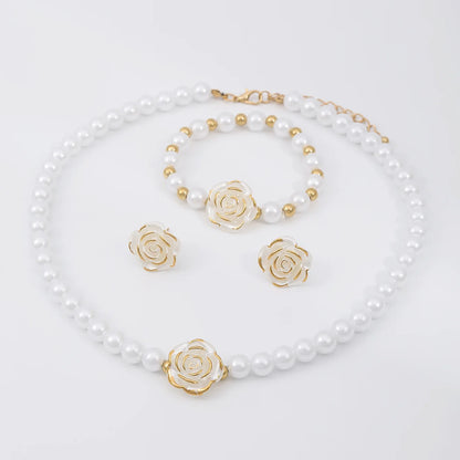 Camellia Faux Pearl Jewelry Set – Necklace, Bracelet & Earrings