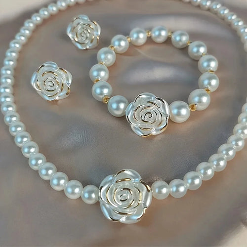 Camellia Faux Pearl Jewelry Set – Necklace, Bracelet & Earrings
