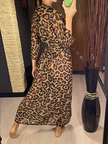 Women's Leopard Print Beach Cover-ups Maxi Dress