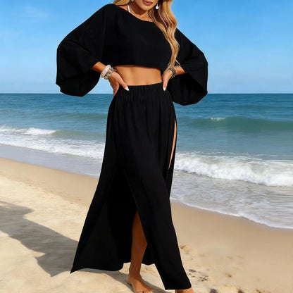 Women's Two-Piece Beach Cover-Up set - Crop Top & Slit Maxi Skirt