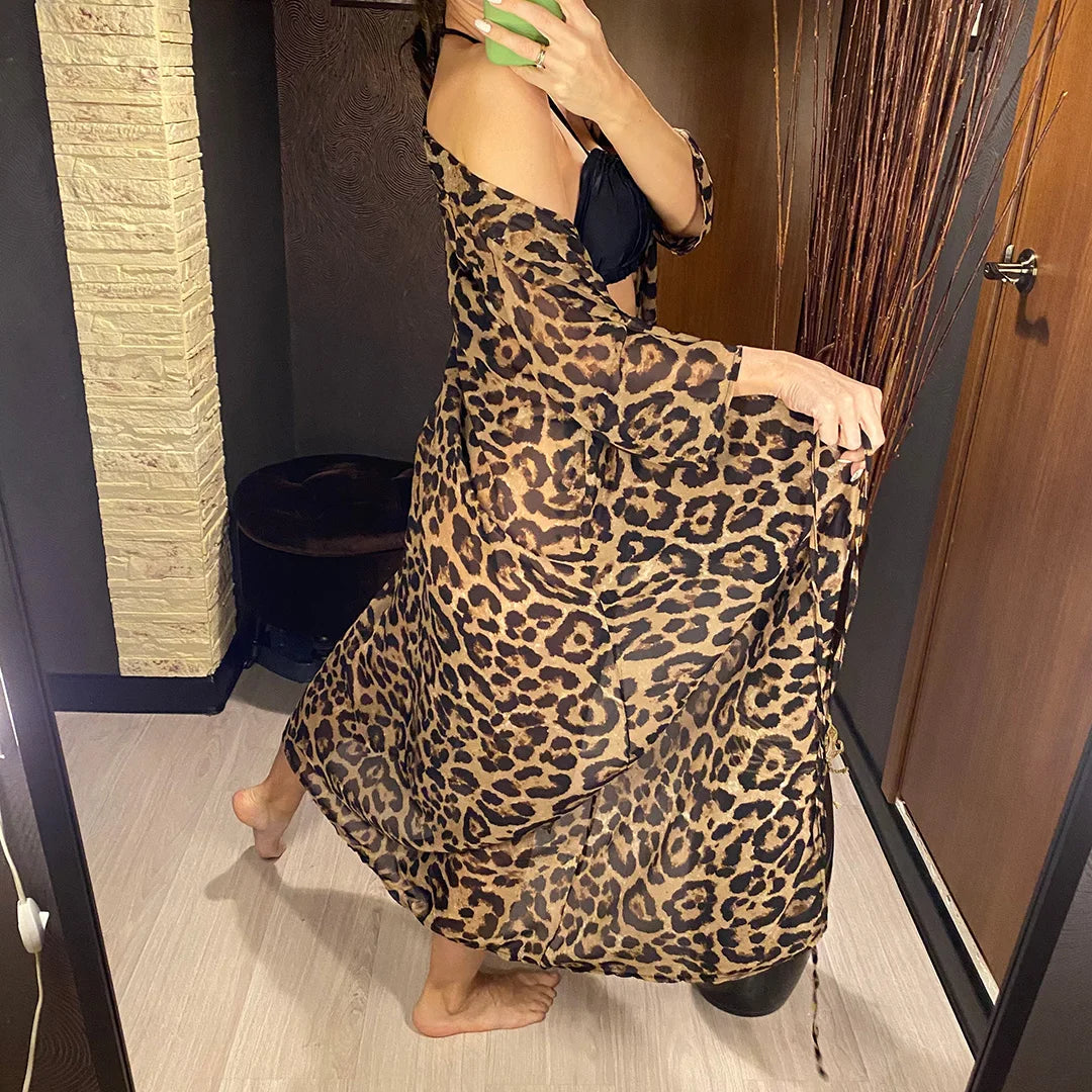 Women's Leopard Print Beach Cover-ups Maxi Dress