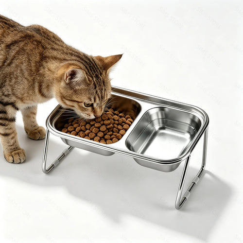 Elevated Stainless Steel Cat Food & Water Bowl with Stand
