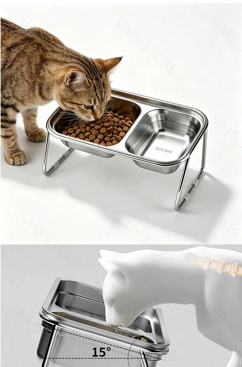 Elevated Stainless Steel Cat Food & Water Bowl with Stand