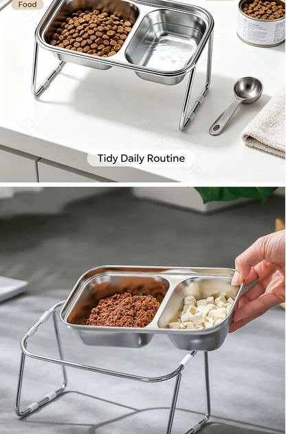 Elevated Stainless Steel Cat Food & Water Bowl with Stand