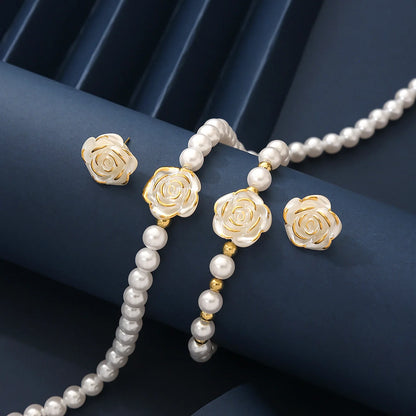 Camellia Faux Pearl Jewelry Set – Necklace, Bracelet & Earrings