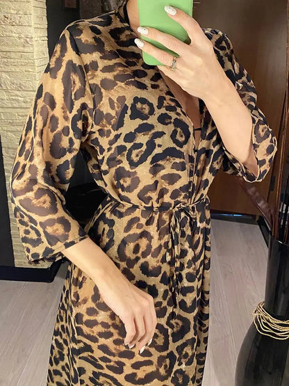 Women's Leopard Print Beach Cover-ups Maxi Dress