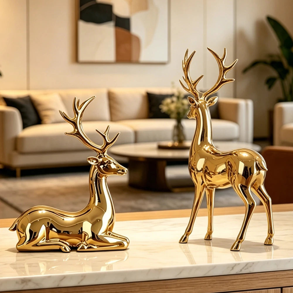 Gold Reindeer Figurine Set -2- Piece Christmas Tebletop Decor