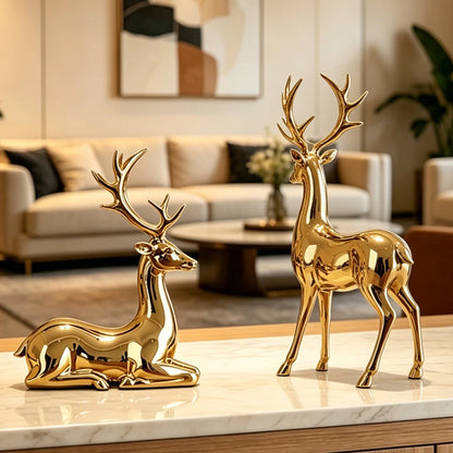Gold Reindeer Figurine Set -2- Piece Christmas Tebletop Decor