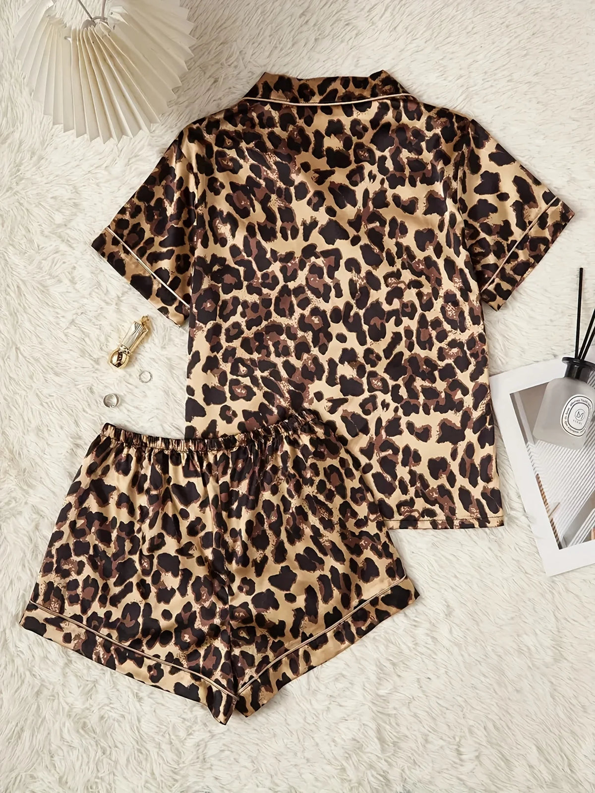 Women's Leopard Print Pajama Set - Short Sleeve