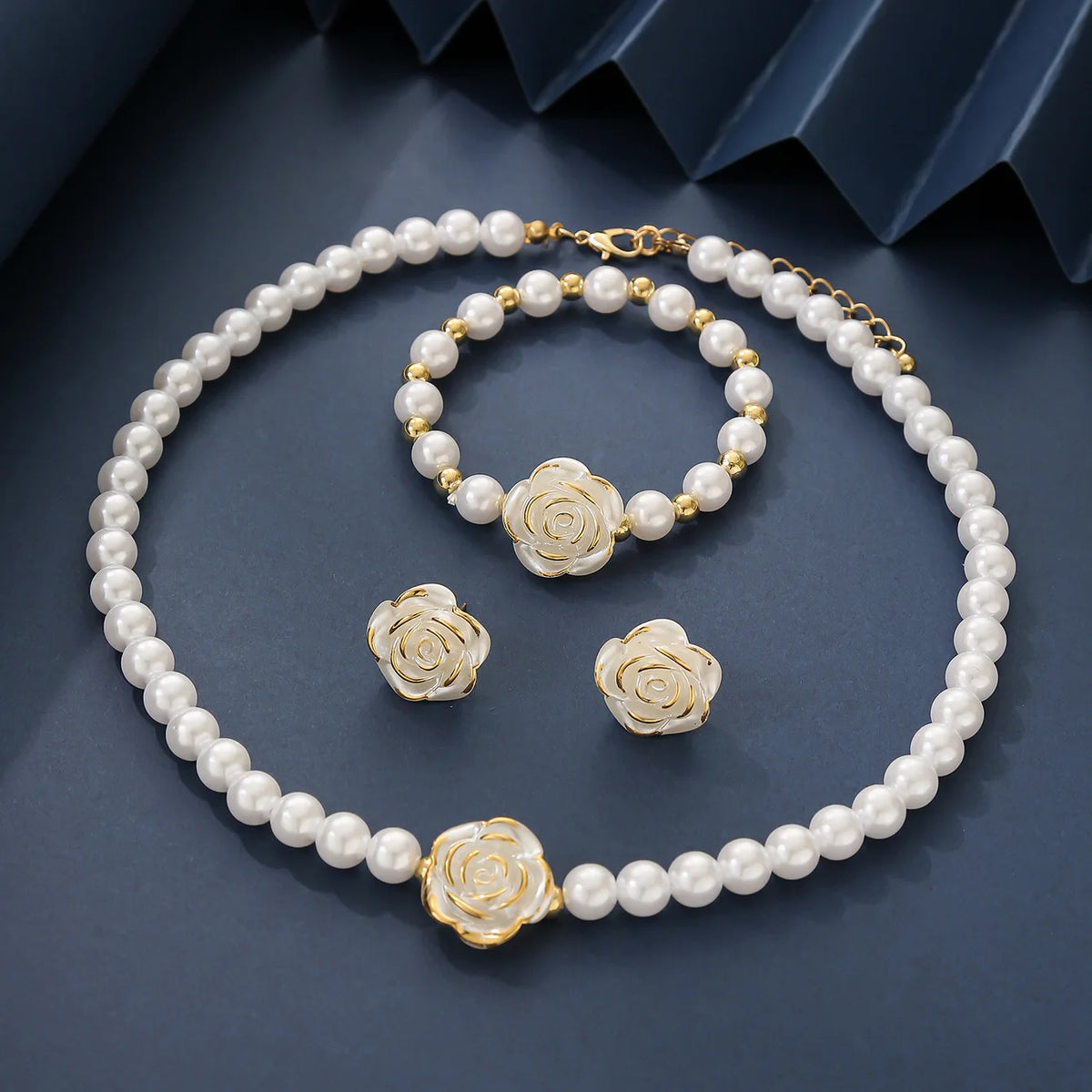 Camellia Faux Pearl Jewelry Set – Necklace, Bracelet & Earrings