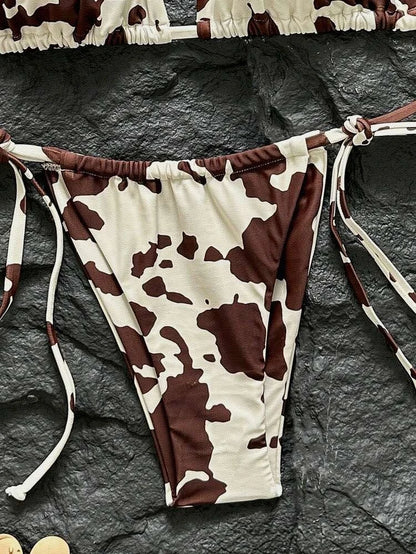 Brown & White Cow Print Halter Bikini Set - Tie-Side Two-Piece