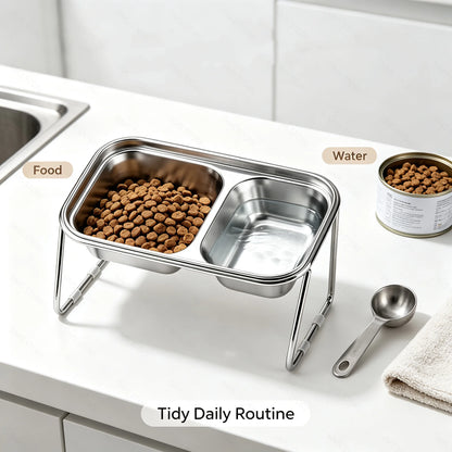 Elevated Stainless Steel Cat Food & Water Bowl with Stand